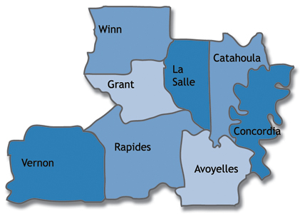 Parishes served by the Alexandria Region: Avoyelles, Catahoula, Concordia, Grant, La Salle, Rapides, Vernon, and Winn 