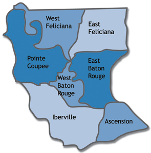 Parishes served by the Baton Rouge Region: Ascension, East Baton Rouge, East Feliciana, Iberville, Pointe Coupee, West Baton Rouge and West Feliciana 