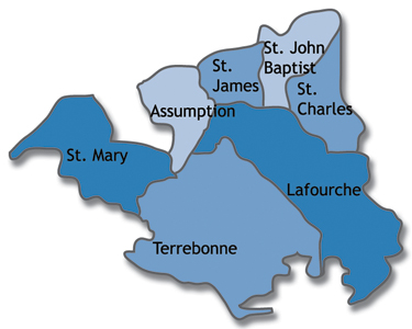Parishes served by the Houma Region: Assumption, Lafourche, St. Charles, St. James, St. John Baptist, St. Mary, and Terrebonne 