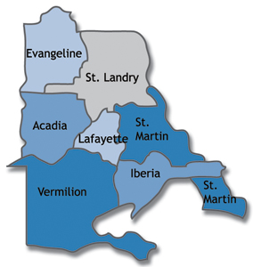 Parishes served by the Lafayette Region: Acadia, Evangeline, Iberia, Lafayette, St. Landry, St. Martin, and Vermilion 