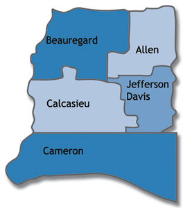Parishes served by the Lake Charles Region: Allen, Beauregard, Calcasieu, Cameron, and  Jefferson Davis  