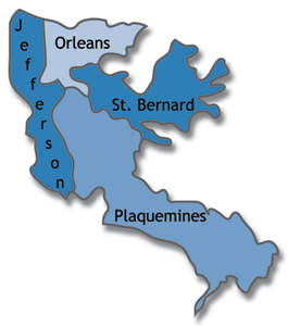 Parishes served by the New Orleans Region: Jefferson, Orleans, Plaquemines, and St. Bernard parishes  